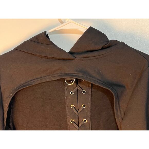 Goth Black Cropped Lace Up Hoodie XS-Small Punk Grunge Whimsigoth Skater Witchy - Picture 2 of 7